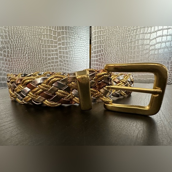 Braided Metallic 80s Belt Gold Silver Tone Gold Tone Buckle Vintage - Picture 1 of 5